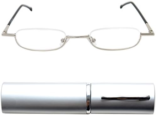 Mini Slim Half Eye Metal Reading Glasses, Stainless Steel Frame (Silver), Free Slim-Fit Aluminium Tube Case, Slimline Reading Aid Men and Women +3.00 Magnification