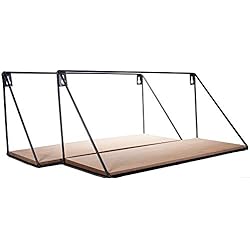 FRANK FLECHTWAREN Série 2 étagères murales, conception simple et moderne, métal laqué noir mat, planche de bois avec grain naturel