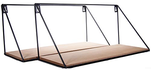 FRANK FLECHTWAREN Série 2 étagères murales, conception simple et moderne, métal laqué noir mat, planche de bois avec grain naturel