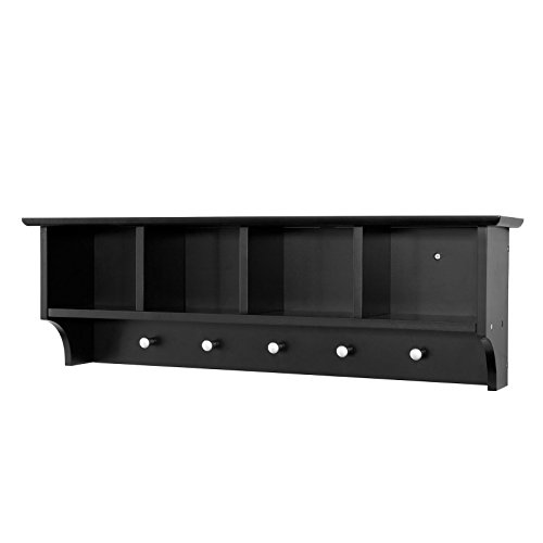 SoBuy® FRG48-L-Sch Portemanteau Étagère murale Porte-manteau salle de bain Meuble d'entrée avec 4 compartiments de rangement et 5 crochets - Noir