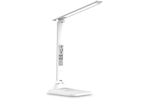 KISUFU Lampe de Bureau LED, 3 Couleurs Lampe de Bureau LED, Contrôle Tactile Portable Pliable Lampe Lecture Protection des Yeux, Lampe de chevet Avec Port USB et Fonction Minuterie/Température/date.