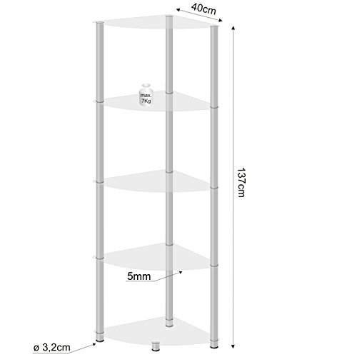 STILISTA® Designer Eckegal, (H) 137 cm x (B) 40 cm, 5 Ebenen, 5mm Sicherheitsglas, Aluminium Tubes verchromt - 7