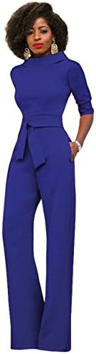 Women's Sexy Stand Neck Club Cocktail Solid Jumpsuits Wide Leg Long Romper Pants with Belt For Evening Business Office Blue XL