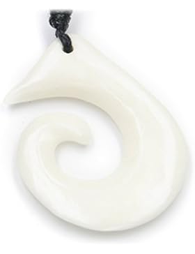 Maori Spirale Schmuck Anhänger aus Knochen, Maorischmuck handgeschnitzt, inkl. Textilband, 3,5cm lang