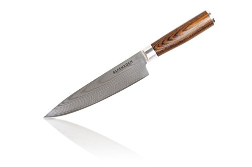 Damastmesser von ALPENKOCH - 20 cm Klinge - Kochmesser - HRC 60 - Äußerst scharf! - Pakka-Holz Griff - perfekt ausbalanciert - Ideal für Hobby- & Profiköche mit hohen Ansprüchen (Chef)