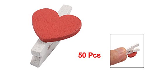 sourcingmap® 50 Pcs Red Heart Accent White Wooden Spring Clothespins Memo Clips