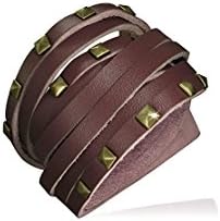 Genuine Brown Leather Gold Color Square Pyramid Stud Multi-Wrap Snap Bracelet