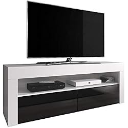 E-Com - Meuble TV "Luna" 140 cm Blanc Mat Avec Façade Noire Brillante (Sans Lumières LED RGB)