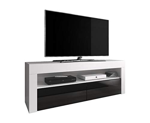 E-Com - Meuble TV "Luna" 140 cm Blanc Mat Avec Façade Noire Brillante (Sans Lumières LED RGB)