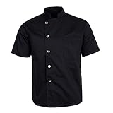 * Camisa de chef de mangas cortas, de un solo pecho y color liso, con bolsillos en el hombro izquierdo y bolsillos en el pecho izquierdo, cuello alto