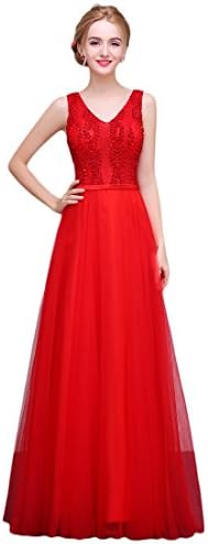 Chuanyi Women'A-Line Tulle Beaded Long Prom Dress V neck Evening Gown, Red, 18