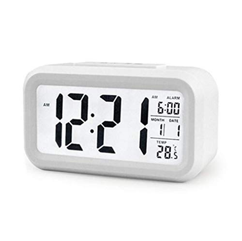 Suxi Despertador, Despertador Digital Pantalla LCD Grande Luz de Fondo Inteligente Reloj de la mañana Blanco 1PCS