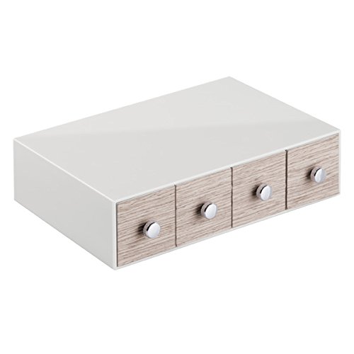 mDesign Kosmetik Organizer – Aufbewahrungsbox für Makeup und Beautyprodukte – Box mit vier Schubladen für Lippenstift, Wattepads etc. – hellgrau/graues Holz - 4