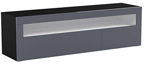 Vladon Meuble TV Bas Valencia, Corps en Noir Mat/Façades en Gris Haute Brillance avec Une Bordure en Gris Haute Brillance
