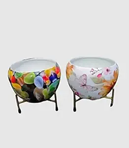 TNZ Creations Metal Meena Pot with Stand | Multicolour Design, Flower Pot for Home Decor | Table Top Flower Pot | Best for Indoor Plantation. Pack of 2 Pieces.