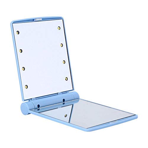 Preisvergleich Produktbild Holidaysummer Faltbarer Kosmetikspiegel, tragbar, kompakt, mit 8 LED-Lichtern, Blau