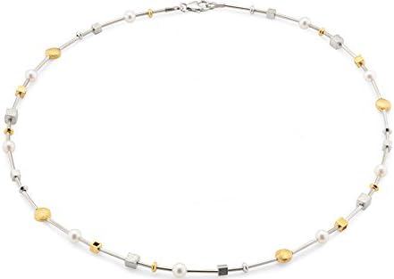 SKIELKA DESIGNSCHMUCK Two-Tone Design Necklace with Genuine Pearls Sterling Silver 925, Gold-plated &amp; Bar Chain