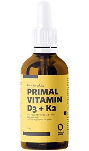 Vitamin D Tropfen Hochdosiert PRIMAL SUN | In Kokosöl gelöst | Unabhängig zertifiziertes Premium Vitamin D3 (Cholecalciferol) | 1000 I.E. - 25 µg je Tropfen | 1150 Tropfen (Vitamin D3/K2 Tropfen)