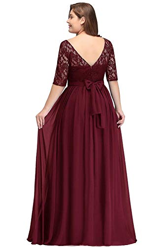 MisShow Robe de Soirée Longue Dentelle Manche Courte Style Vintage Robe Femme Longue Cocktail Sexy Dos Nu Longue Grande Taille Bordeaux 52