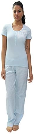 OCCHI VERDI Pigiama Donna Manica Corta Pantalone Lungo in Puro Cotone Con Maglia in costina e Pantalone in sangallo