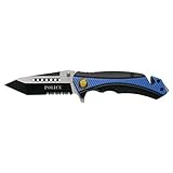 Hoja: Acero Inox Navaja de seguridad asistida Third K1912BLS emblema Police, incluye funda, hoja de 9,1 cm con sierra, mango negro y azul