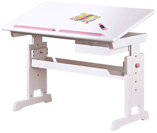 Preisvergleich Produktbild Kinderschreibtisch Schülerschreibtisch Jugendschreibtisch neig- und höhenverstellbar Zeichentisch für Arbeit Lernen Kinderzimmer Massiv verstellbar (Weiß-Rosa)
