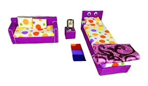 Doll House Bedroom Furniture Accessories Set of Purple Theme with Bed & Sofa for Doll. 10 pcs Set. Suitable for 11 - 12 inch Barbie Doll. (Purple)