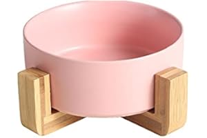 SP SEMPRE + ciotola singola per cani e gatti in ceramica da 850ML in bambù, rialzata e sollevata da terra, base antiscivolo con 4 cuscinetti (SINGOLA 15.5 CM, ROSA)
