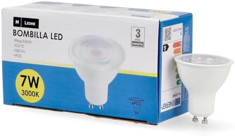 M Ledme - Confezione da 6 lampadine a LED SMD Plus Gu10 da 7W, luce dimmerabile, luce neutra (4000K), attacco Gu10, 580 lumen, IP20, apertura del fascio di 60°. Modello LM7618