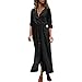 Produktbild bobo4818 Damen Langarm V-Ausschnitt Halber Ärmel Langes Elegant Lang Blusenkleid Hemdkleid Shirt Kleid Oberteil Kleid Maxikleid Button Down Blusenkleid Maxikleid mit Gürtel S-XL (XL, Schwarz)