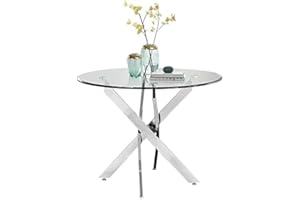 ‎GOLDFAN GOLDFAN Esstisch Glas Wohnzimmertisch Glastisch Moderner Stil Küchentisch Runder Tisch mit Verchromte Beine für Wohnzimmer Büro Küche Glas 90cm