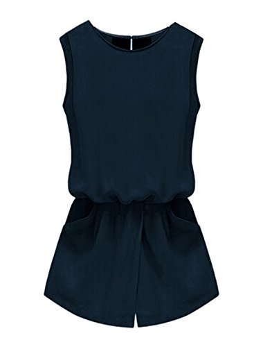 Allegra K Women Round Neck Elastic Waist Cut Out Back Summer Romper Navy Blue L