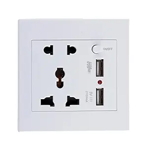 PC 2.1 A 2 USB Wall Socket Charger Power Panel Receptacle 5 Outlet Switch (White)