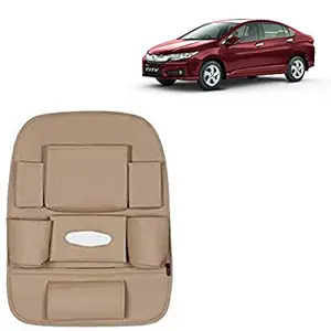 RD Universal PU Leather Car Auto Seat Back Organizer Multi Pocket Travel Storage Bag with Hangers, Tissue Paper and Bottle Holder-Beige Colour Compatible for Honda City i-VTEC