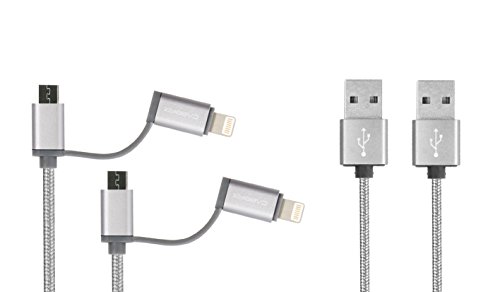 CABBRIXÂ® Adattatore [2-Pack-1,5m] Micro USB a Apple Lightning Cavo di ricarica / Sincronizzazione di dati cavo di ricarica veloce cavo per dispositivi Apple, iPhone X / 8 / 8 Plus / 7/ 7 Plus / iPad / airpods - Samsung GALAXY, Huawei, LG, Sony, HTC, Google, Nexus, PS4, XBOX, Kindel e molti altri dispositivi (2 in 1 Adattatore Plus) â€“ Argento (Grigio)