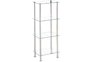 Modernique Glass Shelf Tier Storage Unit, Rectangular Shape in Black or Clear Glass with Chrome Stand, Shelving Unit (Clear, Tier 4)