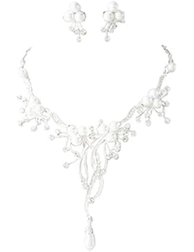 Schmuckanthony Best Seller Glamour Brautschmuck Schmuckset Set Kette Ohrringe versilbert Perlen Weiß und Kristall...