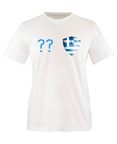 Comedy Shirts – Griechenland Trikot – Wappen: Klein – Wunsch – Kinder T-Shirt – Weiss / Blau Gr. 98-104
