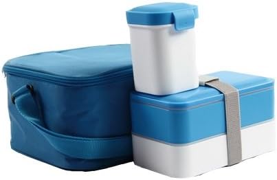 Bento Japanese Lunch Box with 2 Compartments, Leak-proof Soup Container and Cool Bag, BPA Free Microwave Safe Plastic FREE Cutlery (Blue)