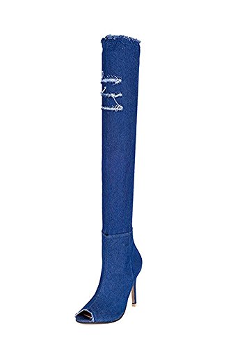 Minetom Women Denim Thigh High Heel Boots Over Knee Peep