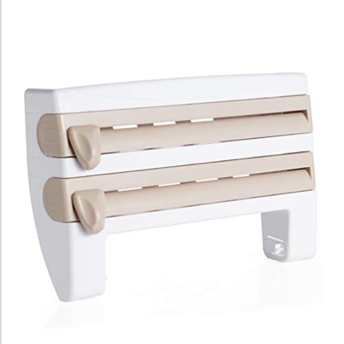 Wall-Mount Paper Towel Holder, Cling Film Storage Rack Foil Dispenser with Spice Rack Kitchen Accessories - Khaki Color