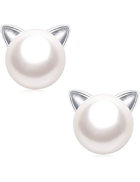 Fashion Damen Perlen Katze Ohrstecker aus Süßwasser-Zuchtperlen mit Katzenohren 925 Sterlingsilber Ohrringe