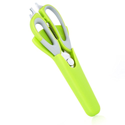 Aznoi Multifunktional Küchenschere 7 in 1 schälen Gemüse/Flocke ein Fisch/Messerbalken/coupe-os/Flaschenöffner/Nussknacker und Glasöffner/Schraubendreher - Gaine mit Magnet in den Kühlschrank - Grün