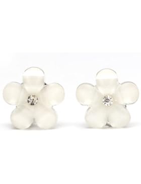 Idin Kinder Ohrclips - Weiße Blumen mit Strass (Größe: ca. 16 x 16 mm)