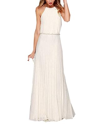 LQYS Femmes élégante Long Tunique Mousseline Pin Up Jarretelles Bohême Maxi Casual Svelte Couleur Unie Sans Manche Bustier Dos Nu Bal Cocktail De Soirée Robe (36/M, Blanc)