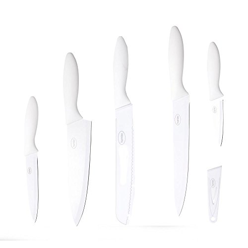 homiez 5-teiliges Messerset ColourCut mit Klingenschutz, Schäl-, Allzweck-, Schinken-, Brot- und Kochmesser, in weiß