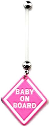HYIdealism Pink Baby on Board Design Dangle Silicone Bar Navel Belly Button Barbell Ring Body Piercing Pierced Jewelry for Pregnant Women