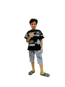 Googogaaga Boys Cotton Black Printed T-Shirt with Capri Jeans (9-10 Years)