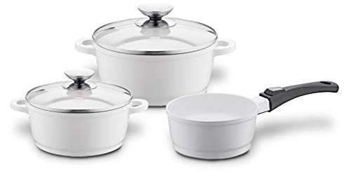 Berndes 032101 Vario Click Batterie de cuisine avec 1 marmite Ø 20 cm et son couvercle en verre, 1 marmite Ø 24 cm et son couvercle en verre et 1 casserole Ø 16 cm, convient pour plaques à induction Blanc
