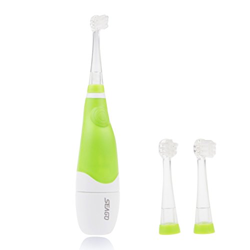SUNSBELL® Rechargeable Children Sonic Electric Toothbrush + 2 Extra Replacement Brush Heads for 2-4 Ages Kids (Green)